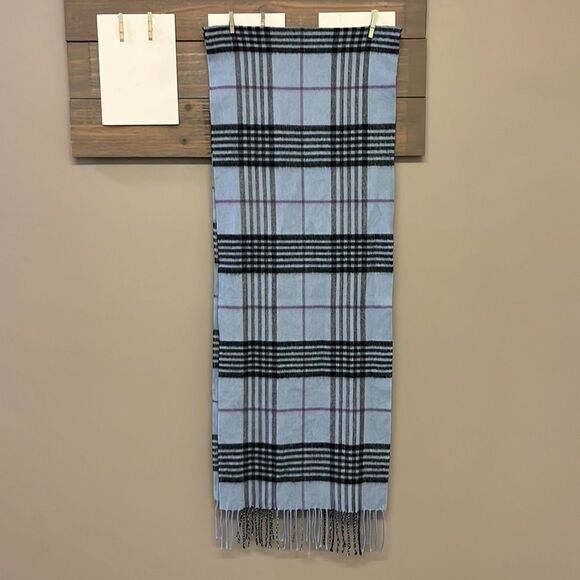 100% Cashmere Unisex Blue Plaid Tassel Winter Scarf 72” by 12.5” - Picture 6 of 12